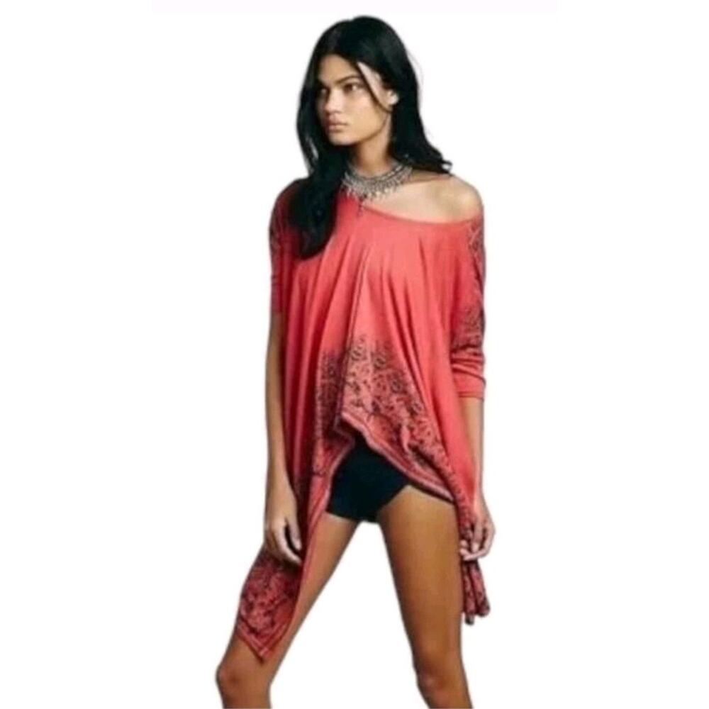 Free People Pick Me Up Assymetrical Tee Tunic Top Sz L Boxy Dolman Coral Flowy